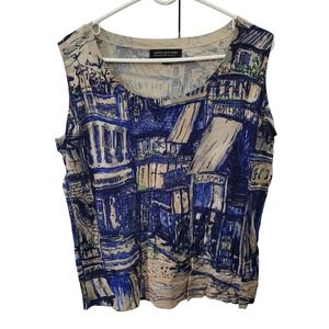 Jones New York Women 0X Tank Top Blue Tan Cityscape Print Knit Shell